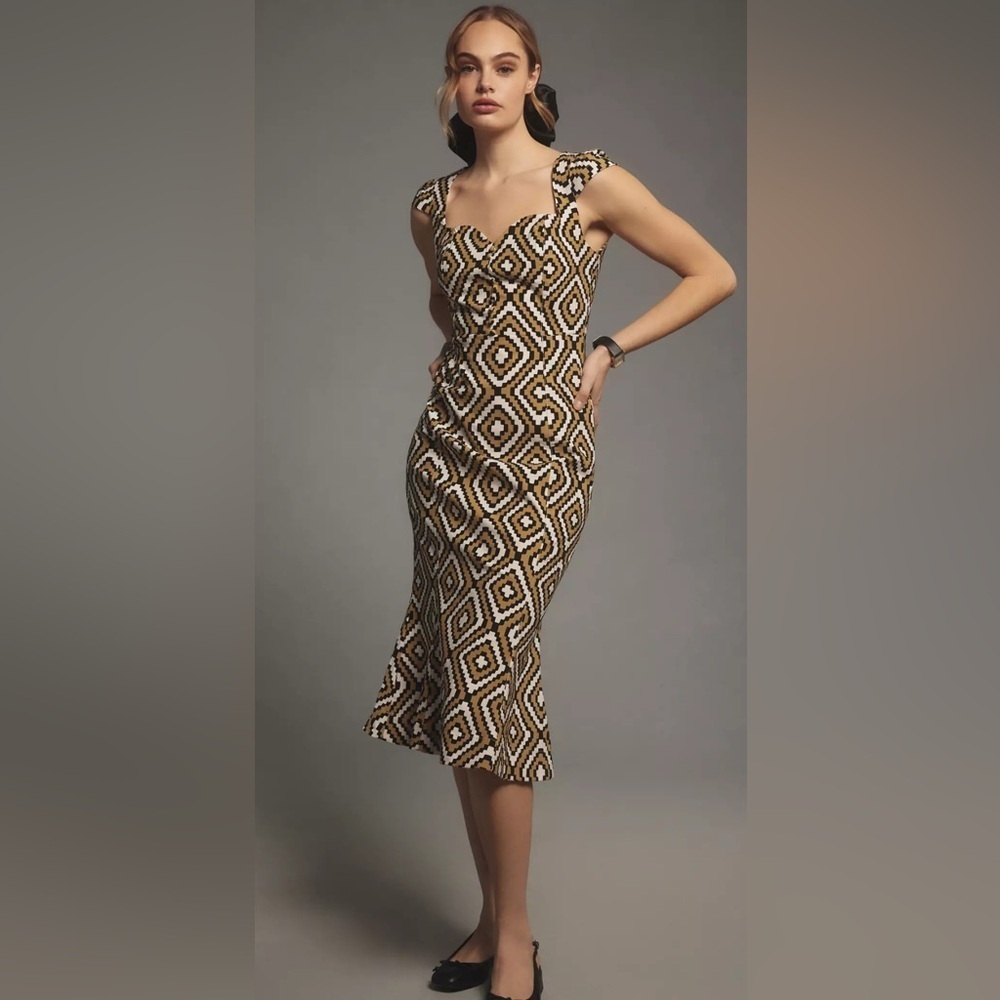 NWT The Cecily Fit & Flare Sweetheart Midi Dress by Maeve Sz Medium Black Motif
